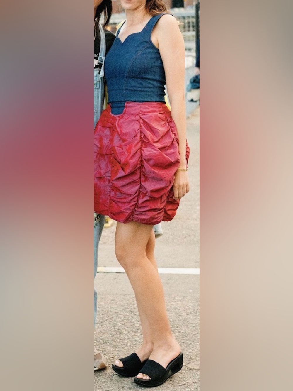 Denim and taffeta silk bubble skirt dress